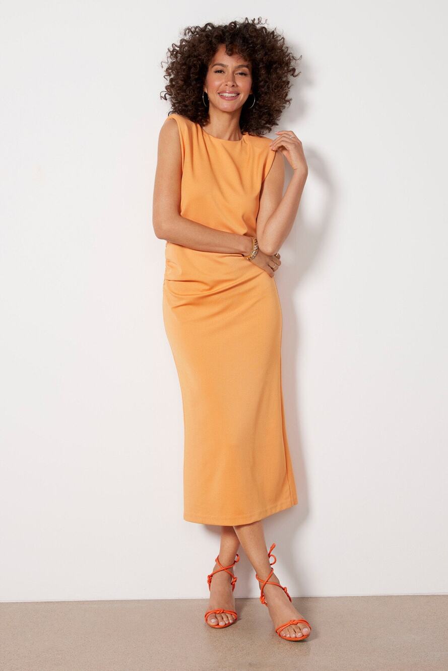 EVEREVE NWT Zoe Strong Shoulder Orange Stretch Midi Dress // L